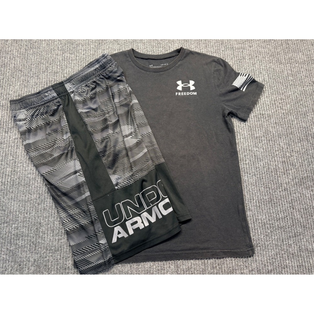 Under Armour Freedom Kids T-Shirt and Shorts Set Black Grey Size Large YLG